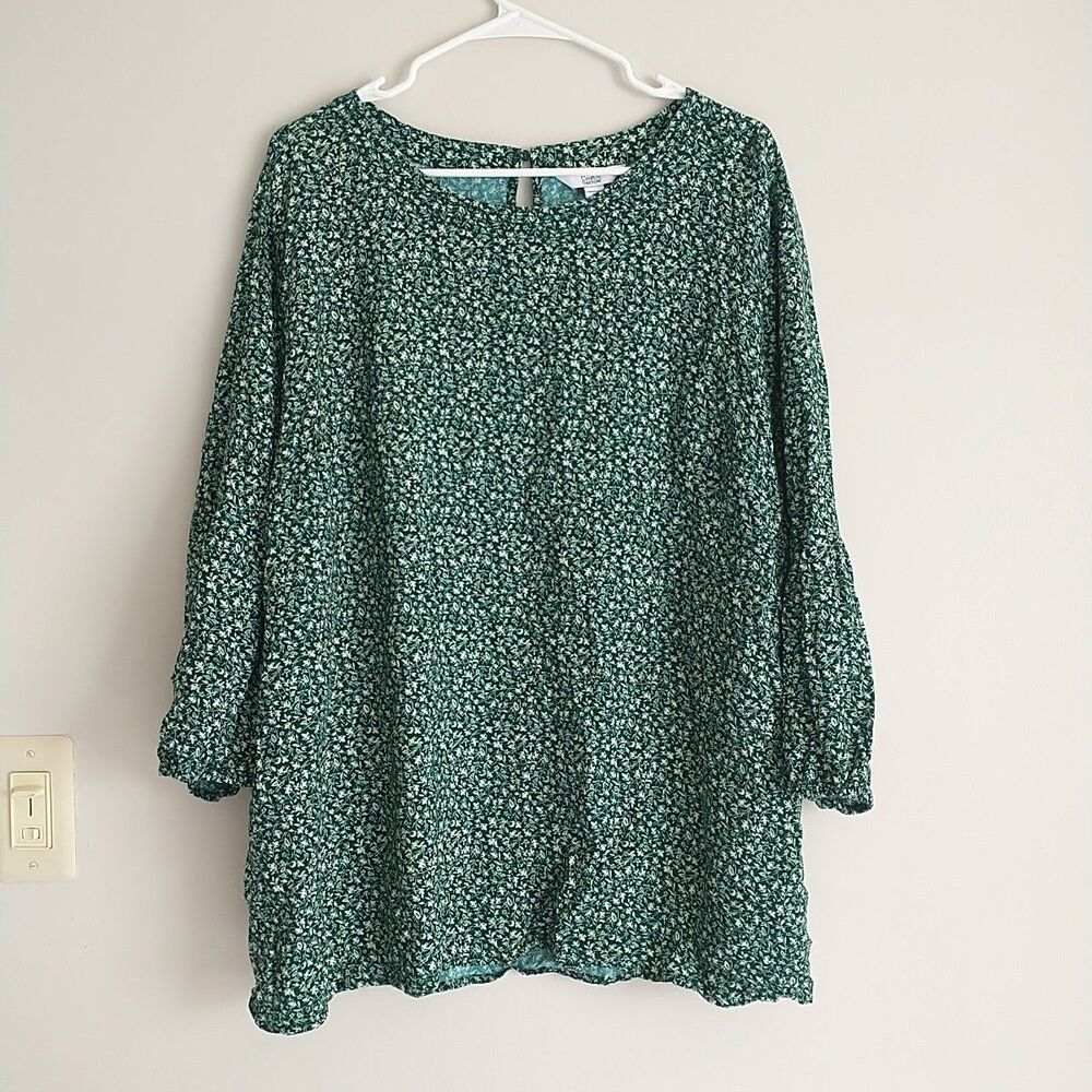 Croft & Barrow Top Blouse Tunic Womens 3X Green Floral Print 3/4Sleeve Keyhole